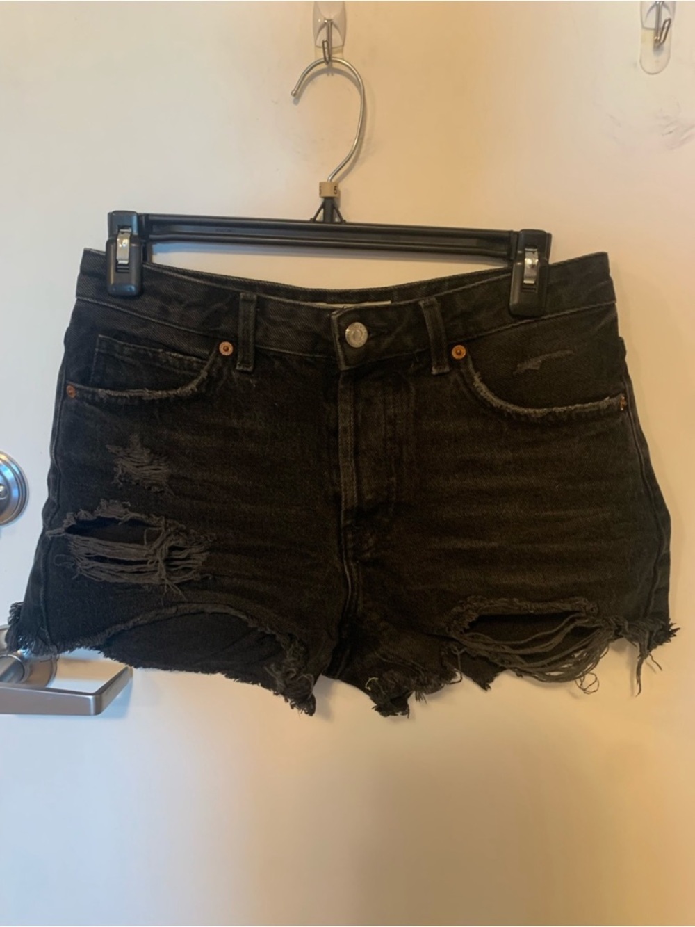 Topshop Distressed Black Denim Shorts